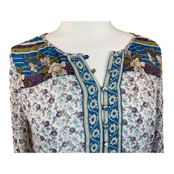 Lucky Brand Savannah Boho Chic Floral Tunic Top Button Details Elastic Waist Med - Picture 3 of 15
